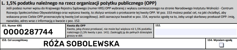 Instrukcja wypełnienia formularza PIT - jak przekazać 1,5% podatku dla Róży Sobolewskiej, KRS 0000287744
